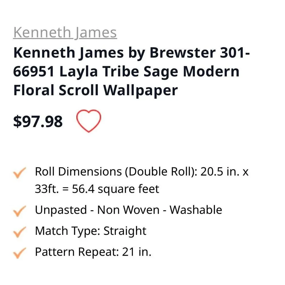 Kenneth James 301-66951 Tribe Modern Floral Scroll Wallpaper, Sage Total 156sq F